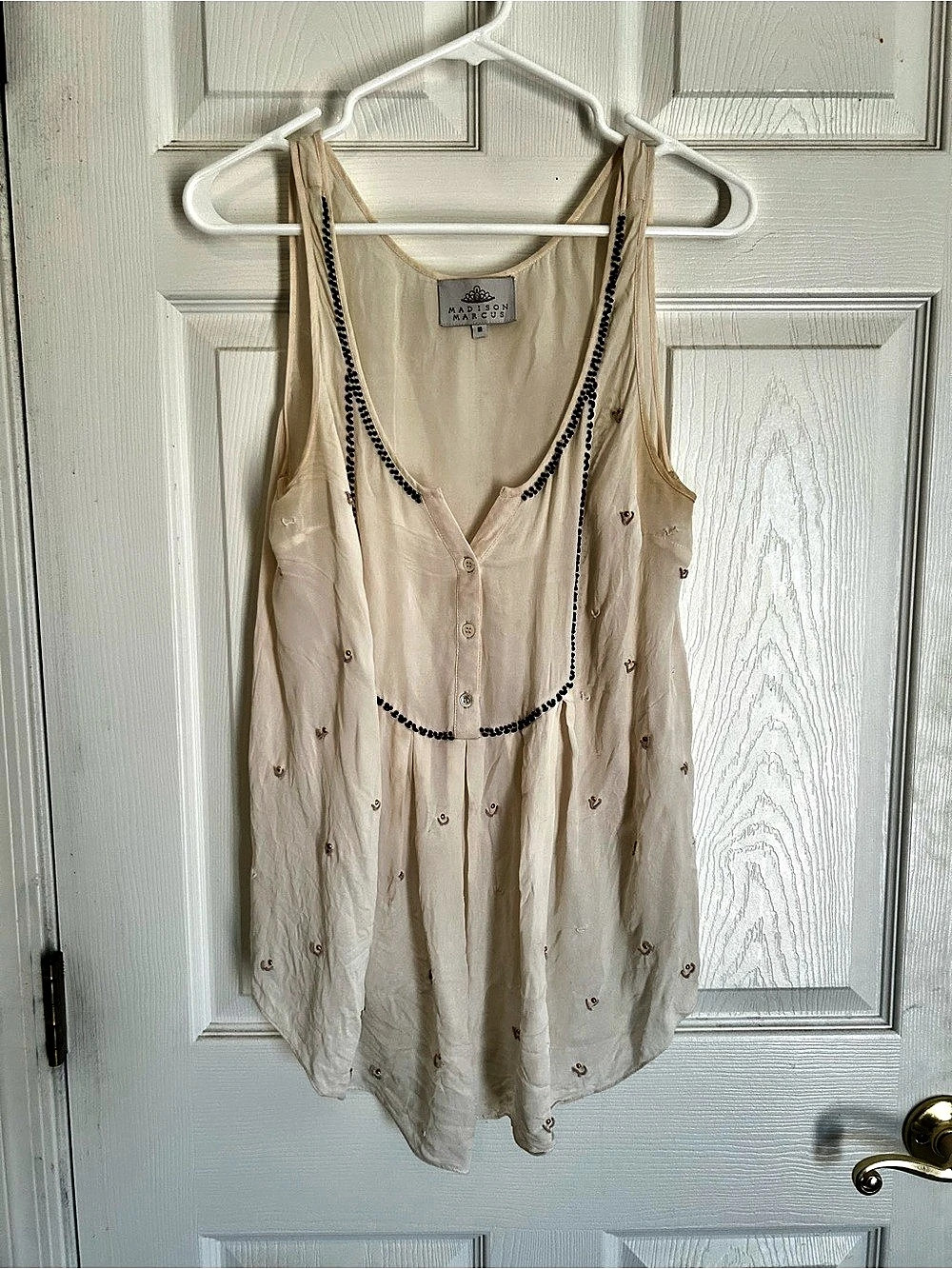 Madison Marcus Silk Embellished Tank Top in Cream Size Medium